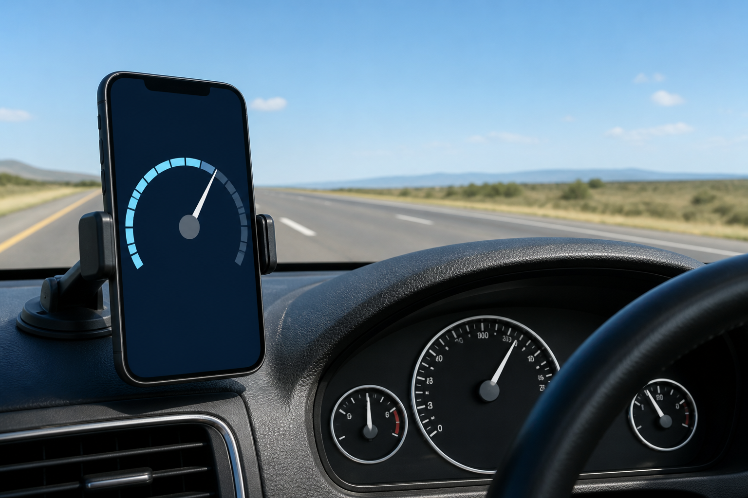 Mounted phone GPS speedometer beside a car dashboard on an open highway