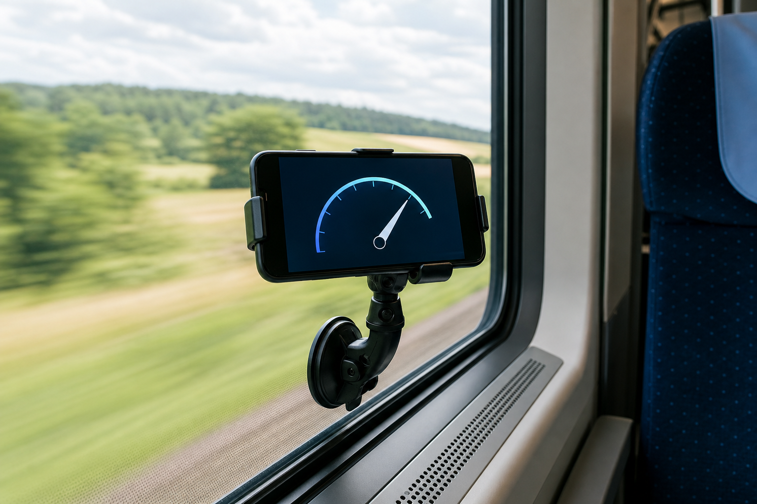 Phone displaying an online GPS speedometer beside a train window