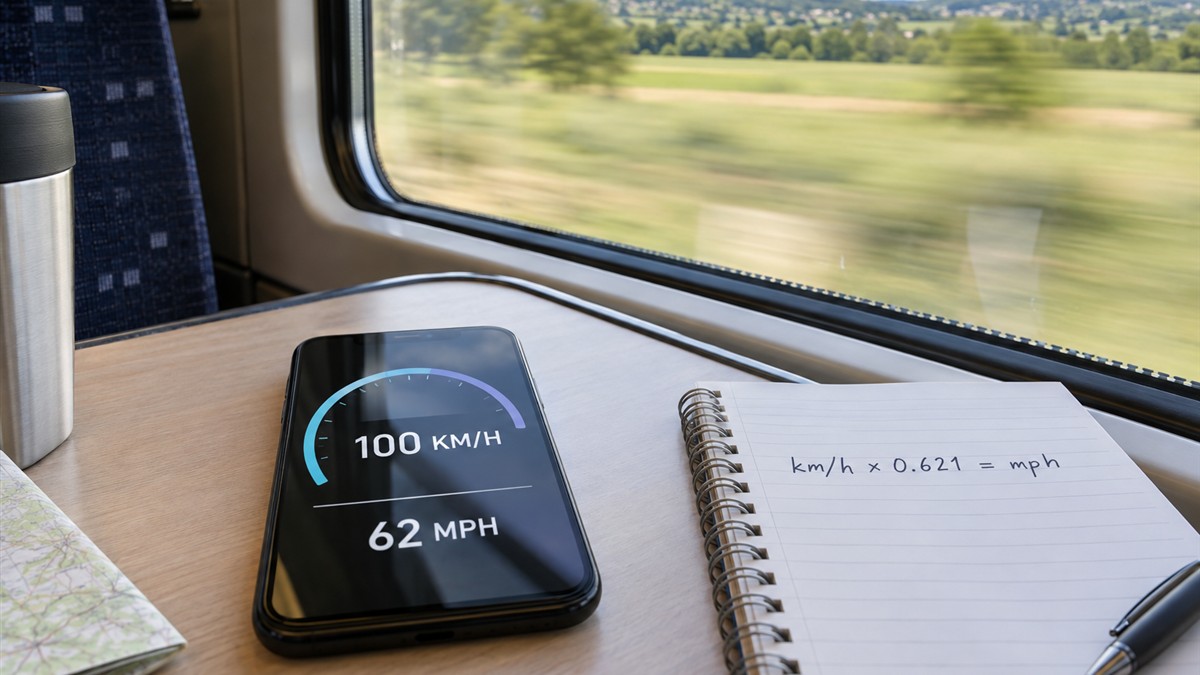 Phone GPS speedometer showing 100 KM/H and 62 MPH beside a train window